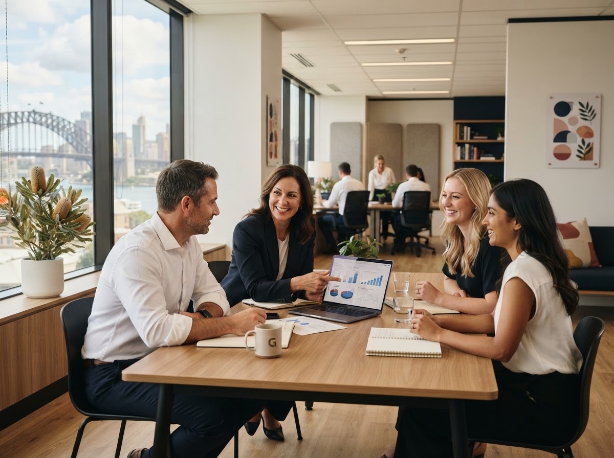 Firm Wealthgrove team reviewing AI-generated market analysis on screen